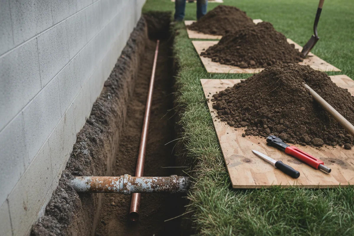 Excavated water line trench during Sewer Line Repair in Eastaboga